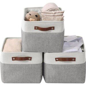 Large Fabric Storage Bins Set of 3 Closet Organizer Baskets for Shelves Grey